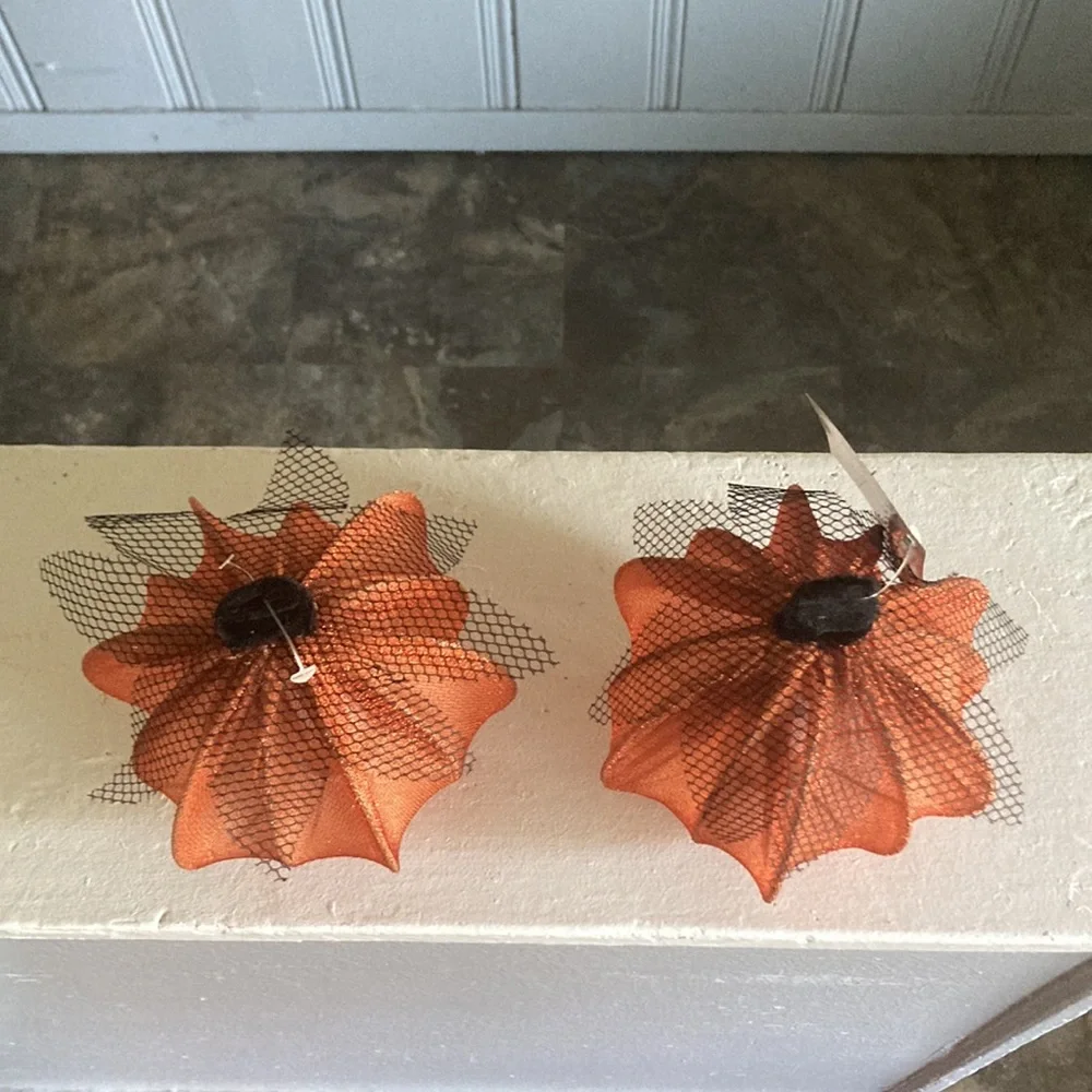 NWT- 2- Elegant Orange Lace Covered Light Up LED Halloween Pumpkin Decorations